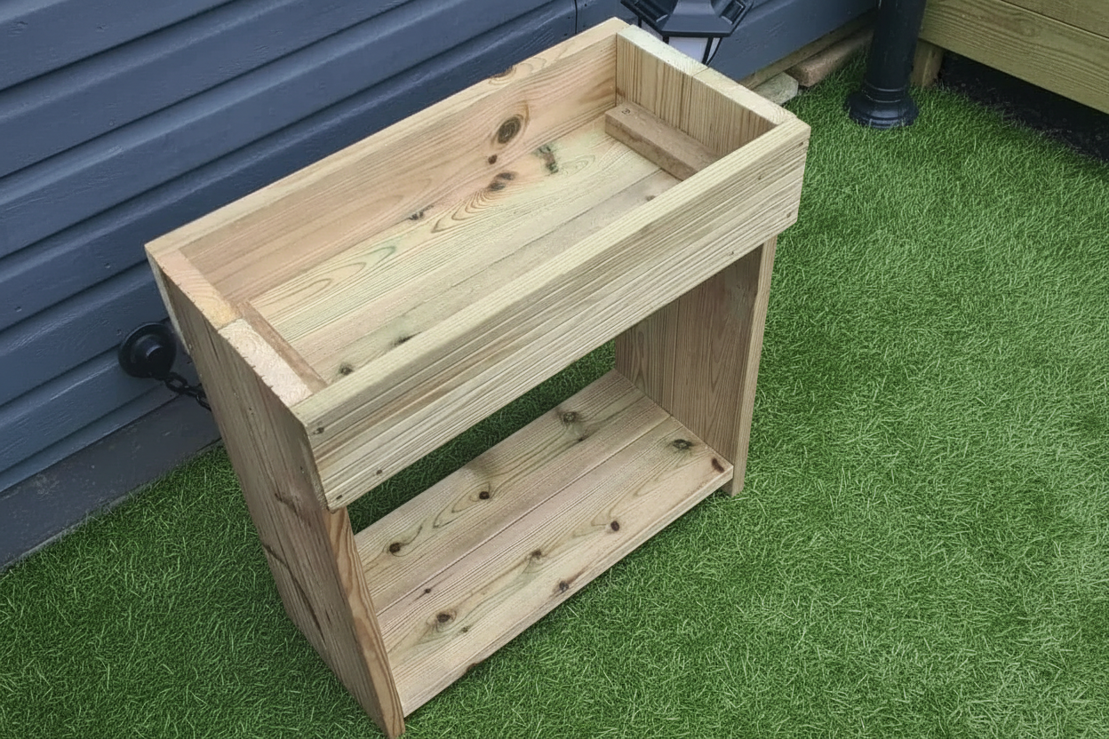 60cm high wooden garden troughs on legs with bottom shelf